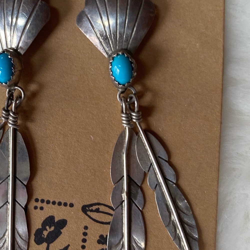2.25” Sterling Silver Turquoise Feather Drop Earrings - Blue